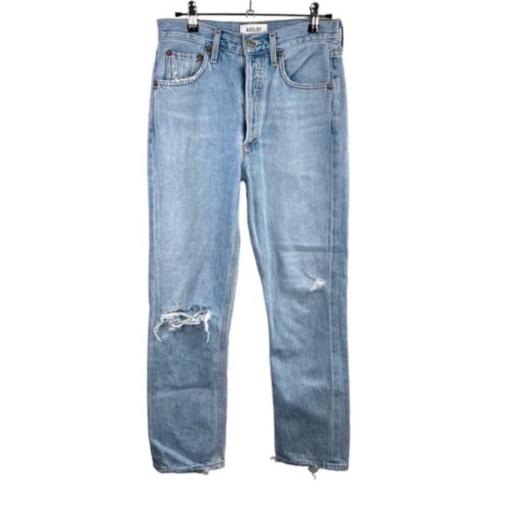 Agolde Light Wash Riley High Waisted Distressed Straight Leg Jean